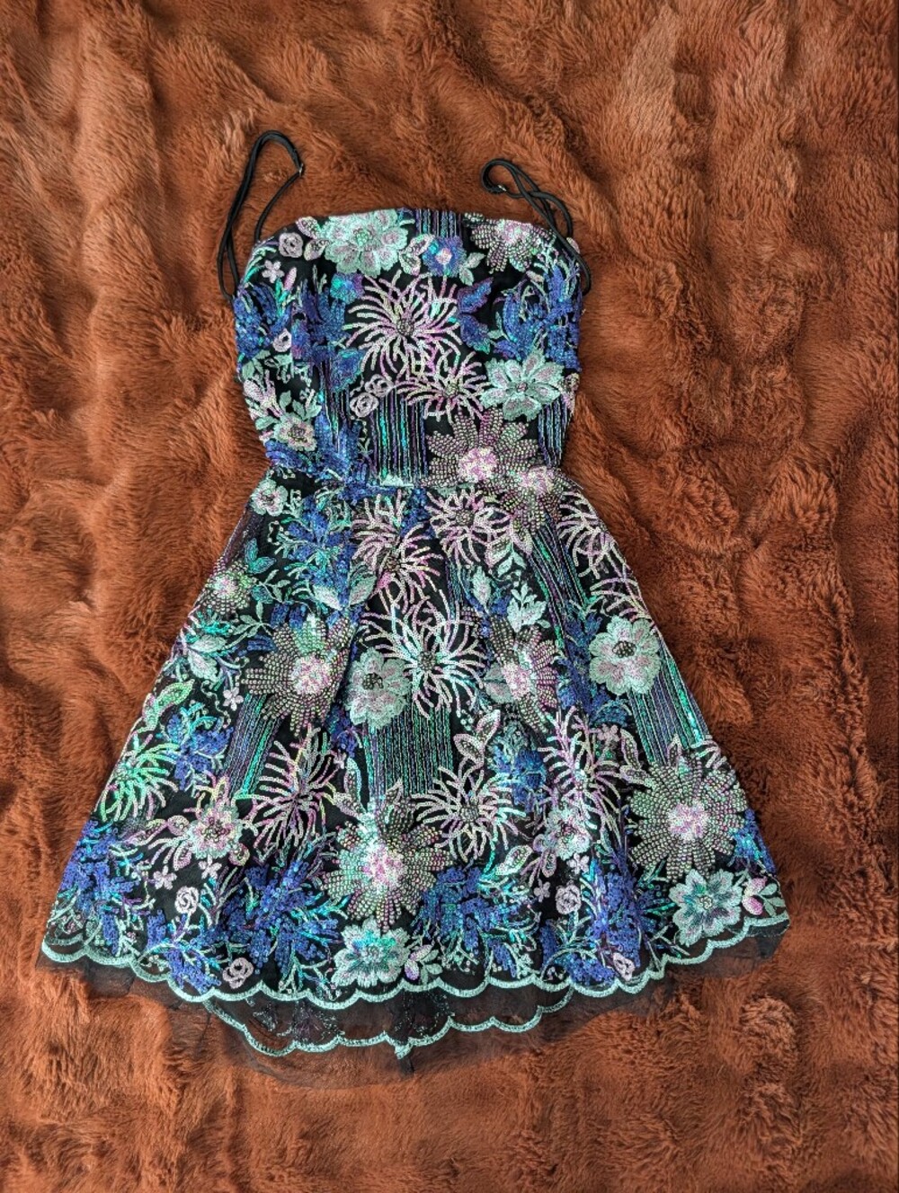Lucy in the Sky Black Dress with Iridescent Blue & Green Floral Sequins